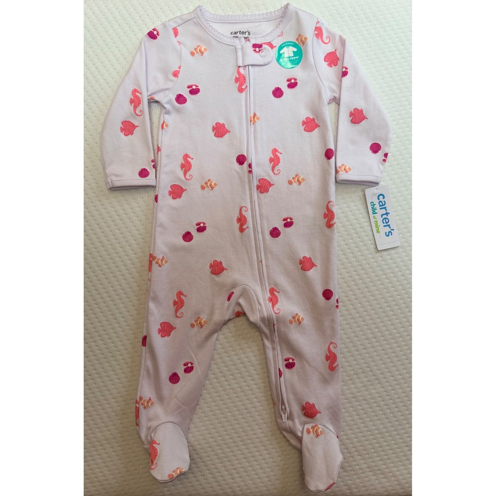Carters Child of Mine Baby Girls 6-9M Seahorse Fish Footed Sleep Play Zipper NWT